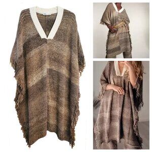 Zara Rustic Fringe Wool Alpaca Longline OVERSIZED Poncho